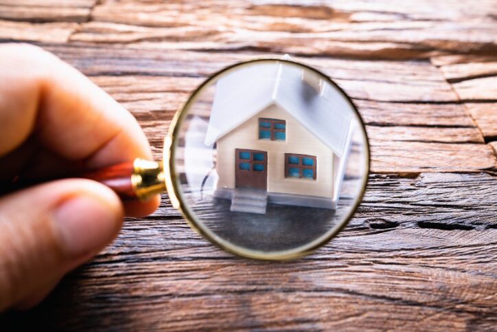 Miniature house viewed through a magnifying glass.